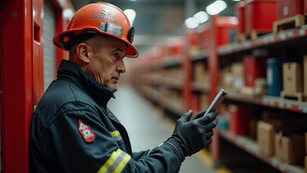 Eye-level view of a veteran inspecting fire safety equipment