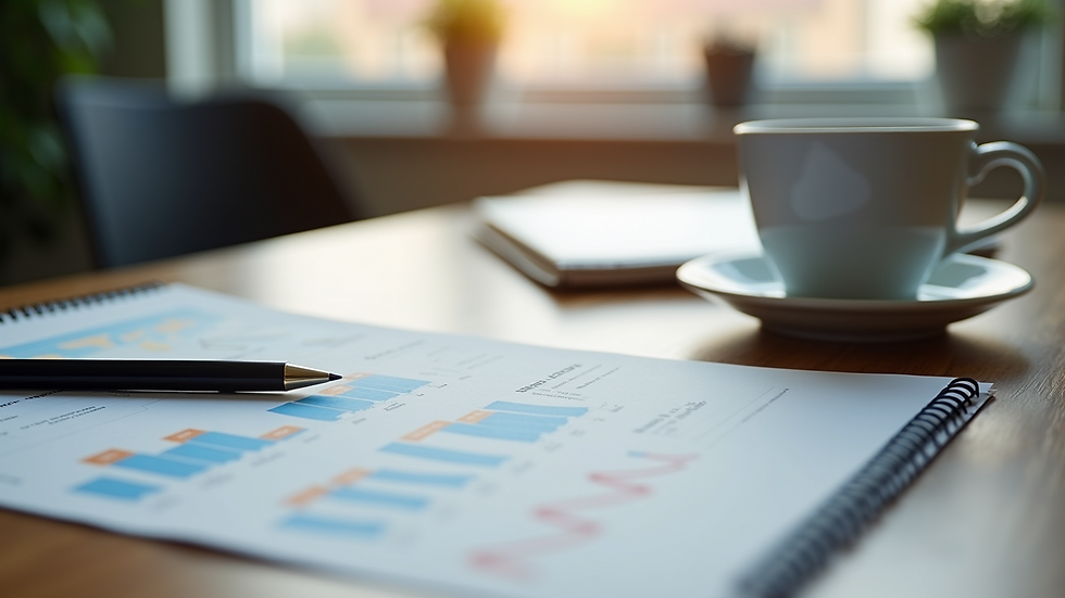 Close-up view of a desktop with marketing strategy notes and a cup of coffee