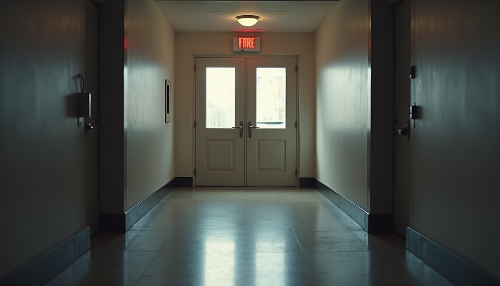 Dimly lit hallway with beige walls and a reflective floor, leading to double doors with a glowing red "FIRE" exit sign above.