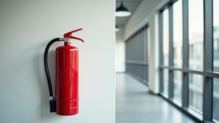 fire extinguisher on empty wall ad corridor