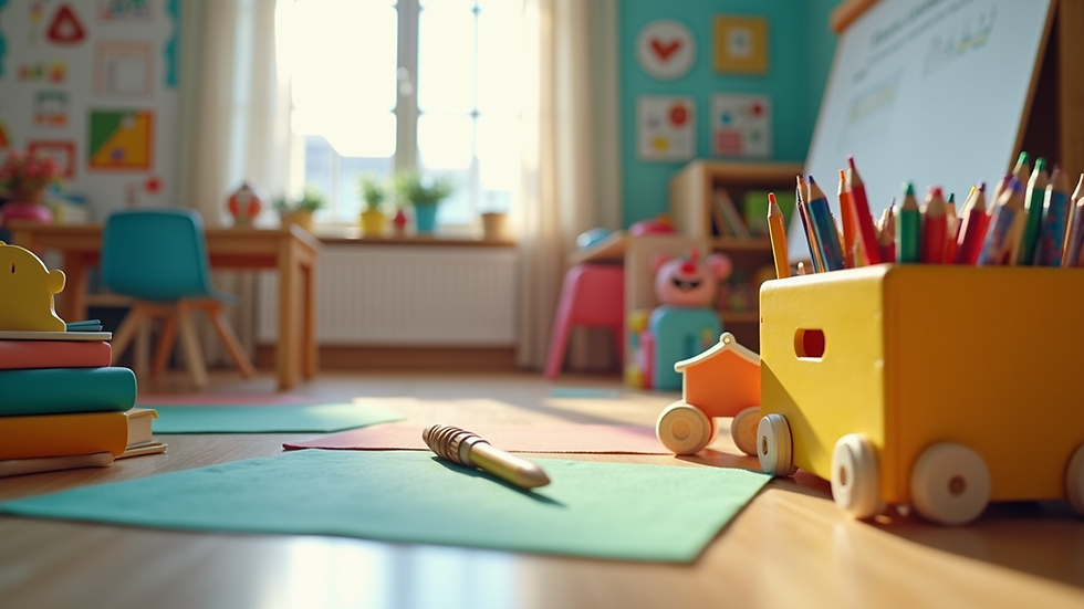 Eye-level view of colourful classroom with educational toys and books