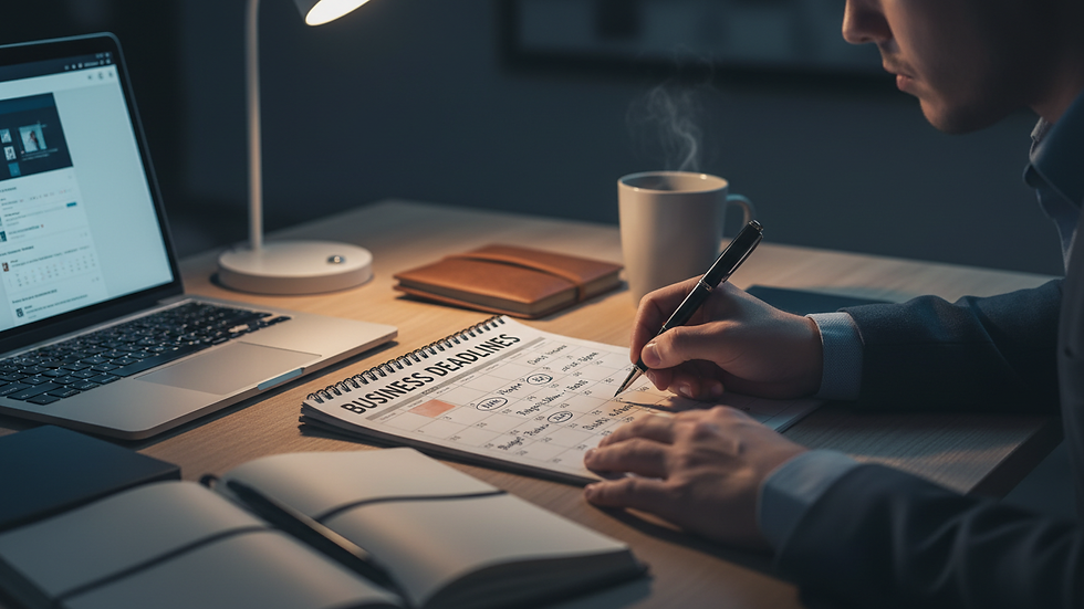 Close-up view of a calendar and pen on a desk, planning business deadlines