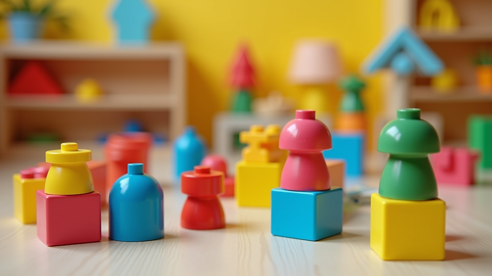 Close-up view of colourful play area with building blocks and toys