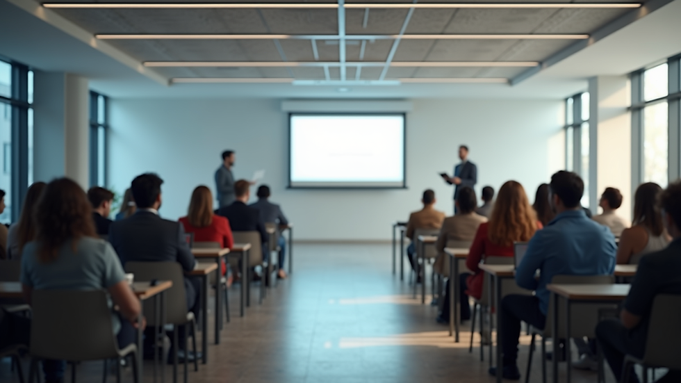 Vista frontal de una sala de capacitación con profesionales atentos a una presentación digital