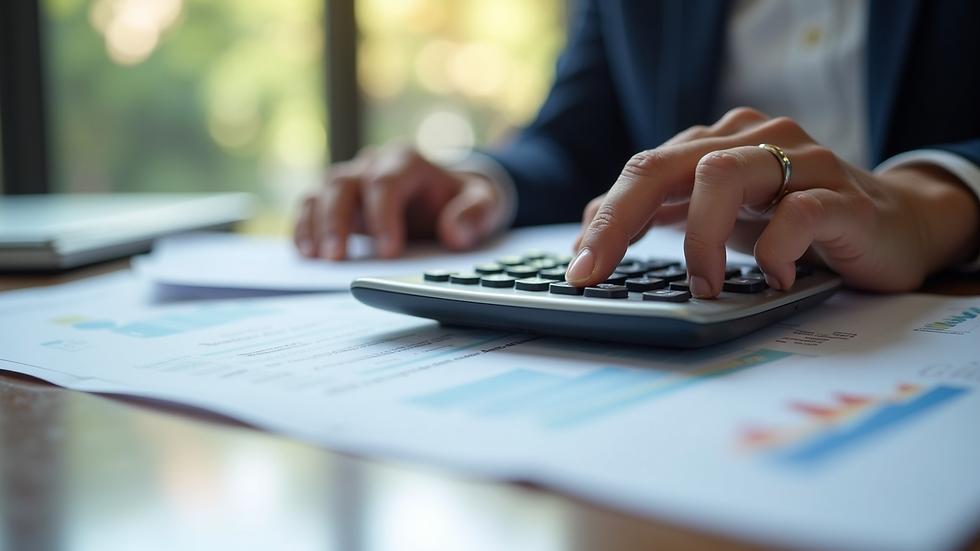Plano detalle de una calculadora y documentos financieros sobre una mesa de trabajo
