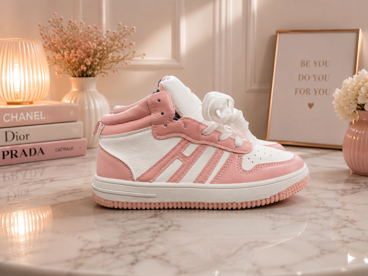 🌸 Pink & White High-Top Sneakers 🌸Size 1Y(32)