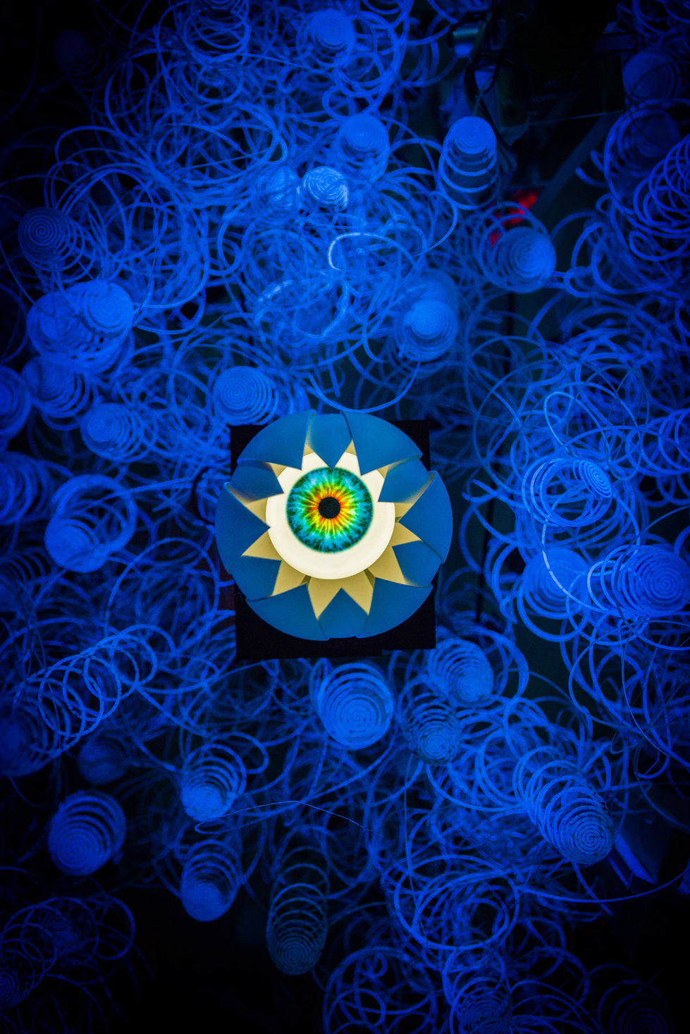 Oracle: I and Eye, Mechatronic art, kinetic art, animatronic art, blinking eyes, suspended art, art and science, contemporary art, STEM, STEAM, science works, hand crafted art, installation art, unexpected art, art and science, science and art, tech art, , contemplation, magical art, unexpected art, whimsical art, floating installation, installation art, light based art,
