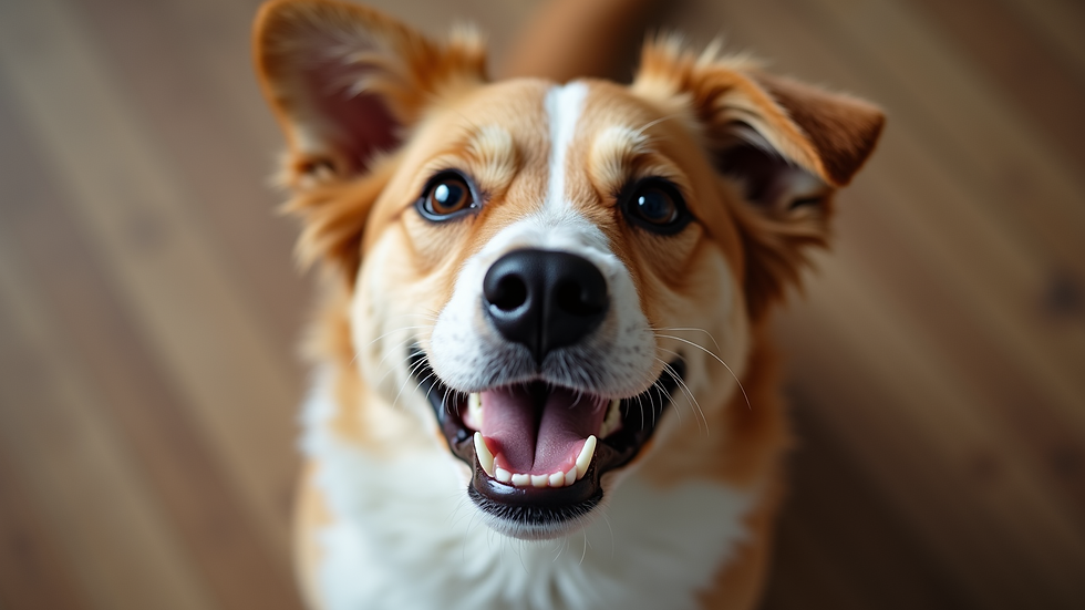 Close-up view of a happy mixed-breed dog looking up with hopeful eyes