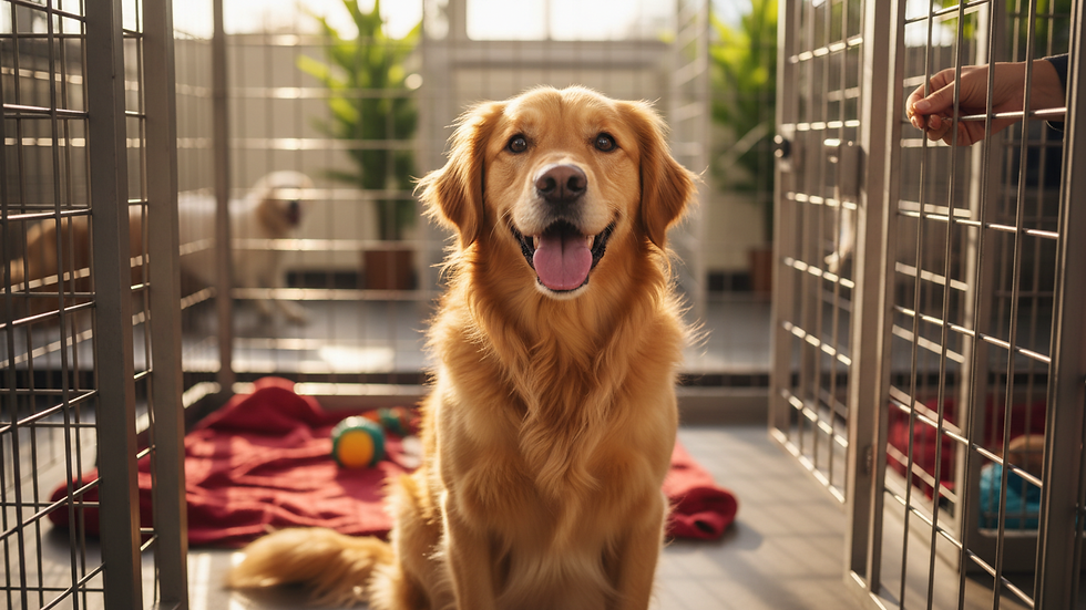 Eye-level view of a dog shelter kennel with a happy dog inside