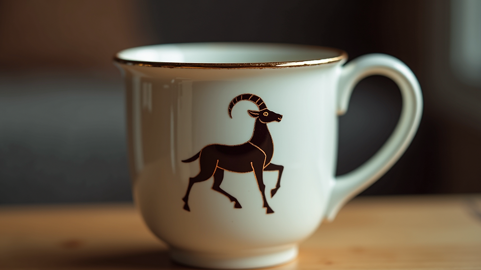 Eye-level view of a hand-painted ceramic mug with a Capricorn symbol