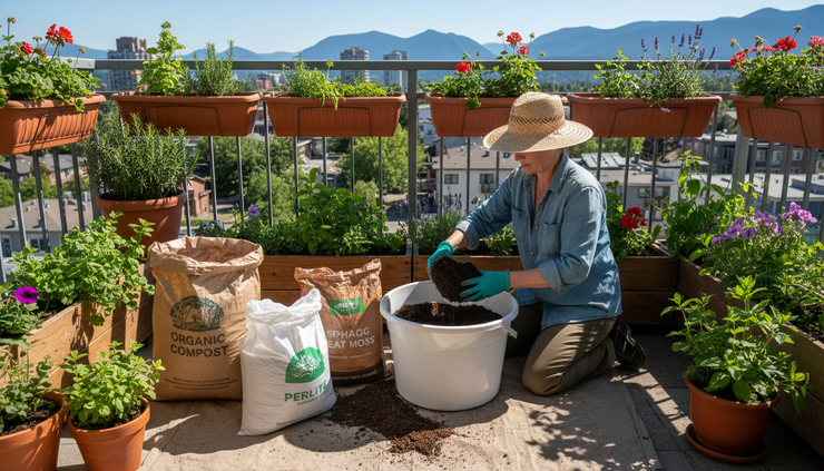 Wide-angle view of a gardener filling balcony planters with a homemade soil blend.