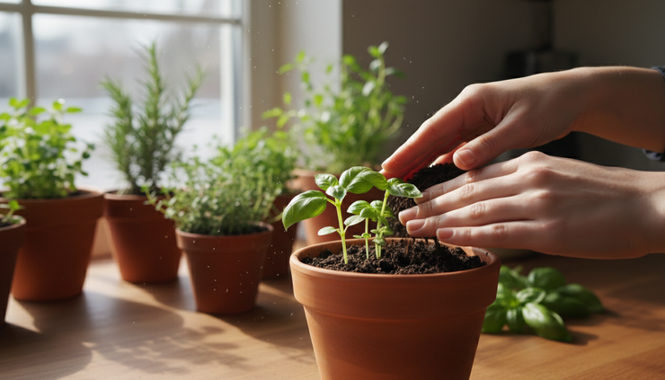 Close-up of hands checking the soil in a small potted basil plant