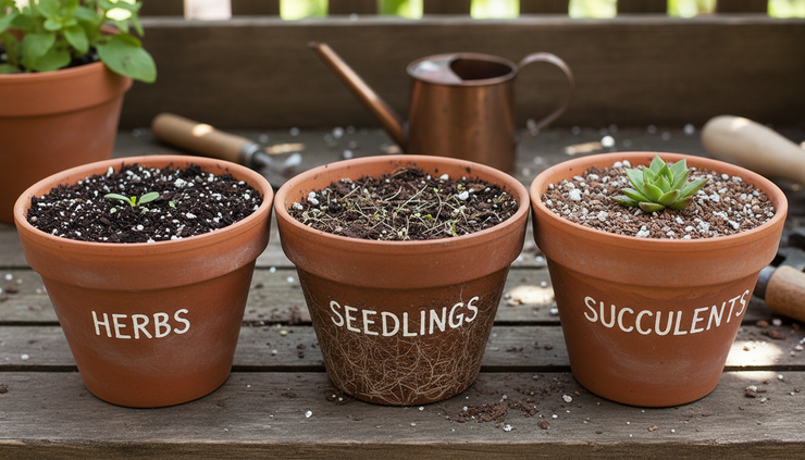 Eye-level view of three labelled pots showing different soil blends for herbs, seedlings, and succulents.