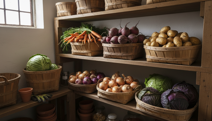 Wide-angle view of baskets of freshly harvested root vegetables in a cool cellar