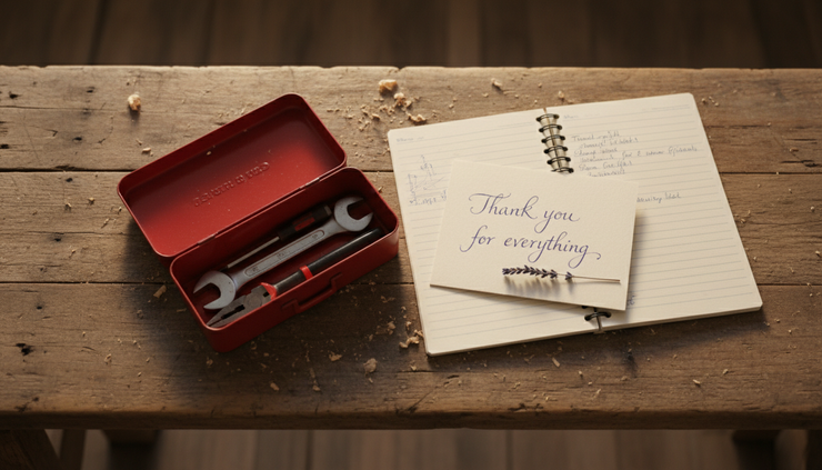 Overhead view of a small toolbox, notebook, and handwritten thank-you card on a wooden bench.