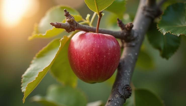 Close-up view of a red apple on a tree branch