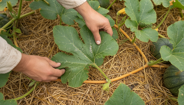 Overhead view of a gardener inspecting pumpkin leaves for pests.