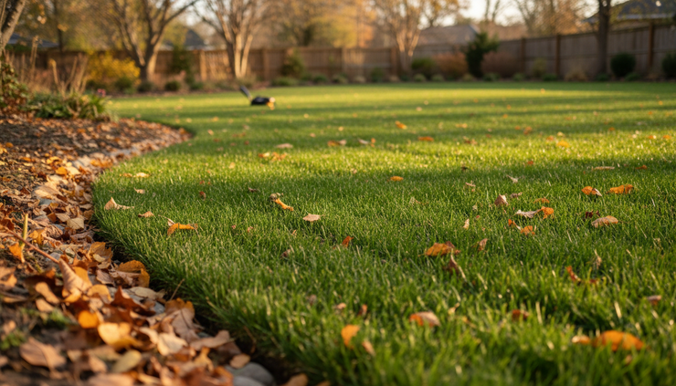 Low-angle view of a healthy lawn edge beside fallen autumn leaves.