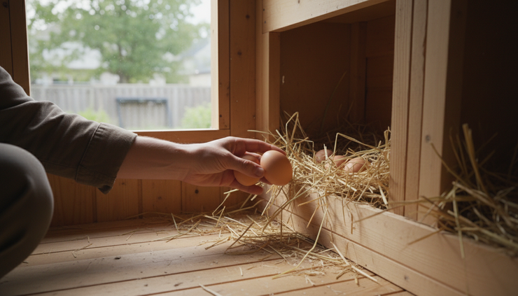 Close-up view of a hand collecting brown eggs from a straw-lined nest box