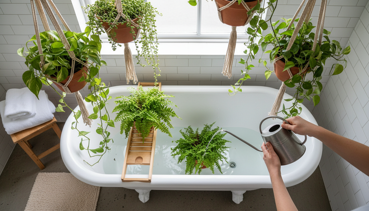 Overhead view of a person watering hanging plants in a bathtub.