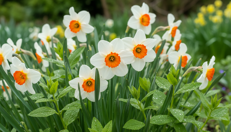 Close-up view of white daffodils with orange cups in a spring border.