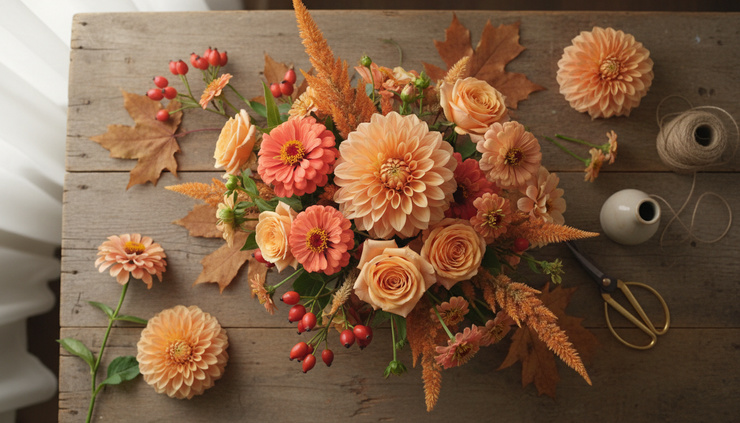 Overhead view of peach and amber fall flowers arranged on a wooden table.