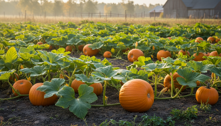 Wide-angle view of a large pumpkin patch growing in full sun.