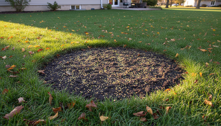 Overhead view of a small bare lawn patch being repaired with grass seed.