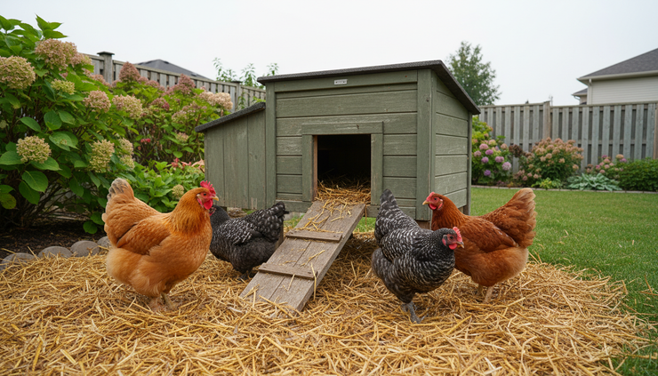 Eye-level view of different chicken breeds standing near a small wooden coop