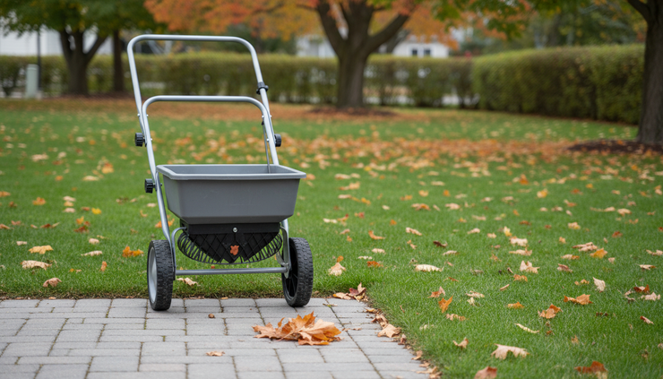 Eye-level view of a lawn spreader resting beside a green autumn lawn.