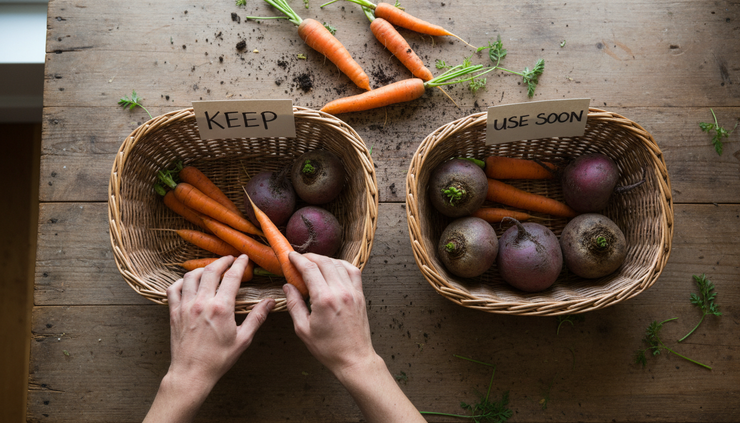 Overhead view of hands sorting carrots and beets into keep and use-soon baskets