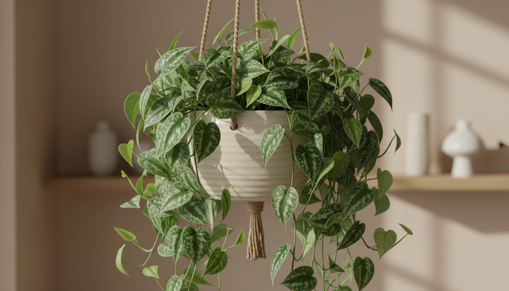 Close-up view of satin pothos leaves spilling from a hanging planter.