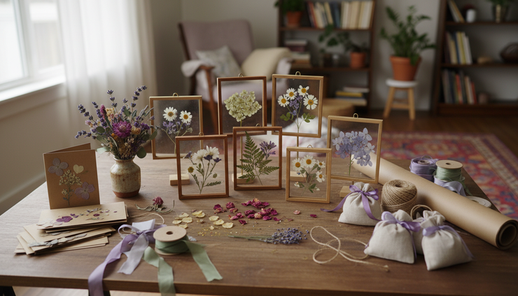 Wide-angle view of dried flower crafts arranged on a table