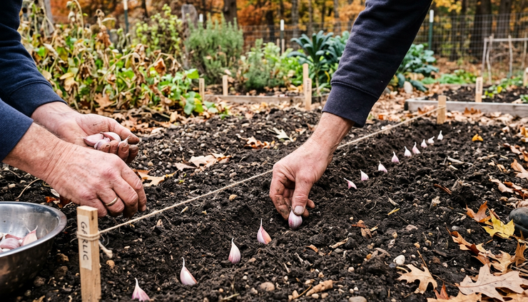 Eye-level view of hands planting garlic cloves in evenly spaced rows.