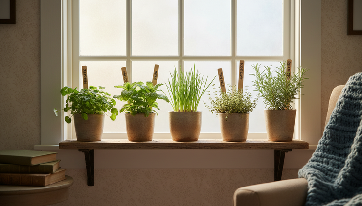 Eye-level view of several labelled herb pots growing on a wooden shelf