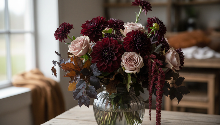 Close-up view of burgundy dahlias and dark autumn foliage.