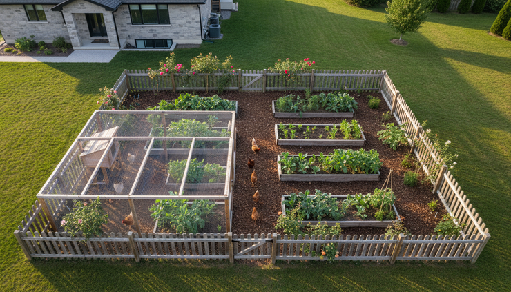 Overhead view of a fenced garden path connecting a chicken run and raised beds