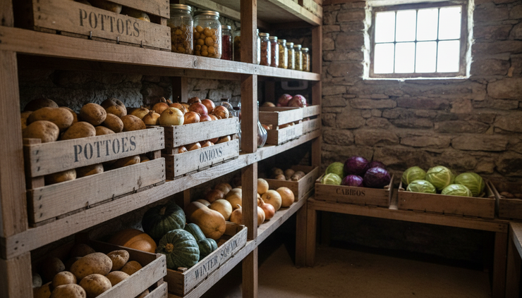 Eye-level view of labelled crates with potatoes, onions, squash, and cabbage on wooden shelves