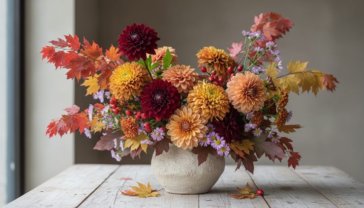 Eye-level view of a lush autumn bouquet in a ceramic vase.