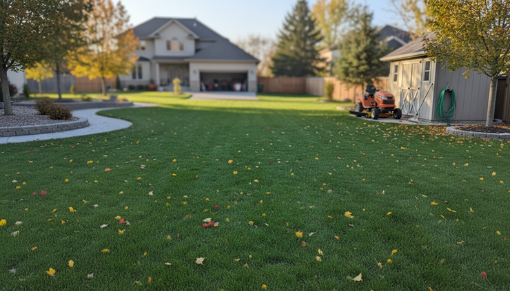 Wide-angle view of a green lawn with early autumn leaves near the edge.
