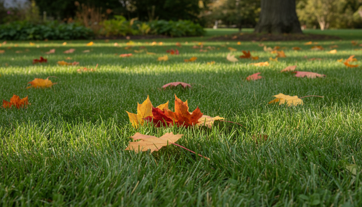 Close-up view of freshly cut grass with scattered autumn leaves.