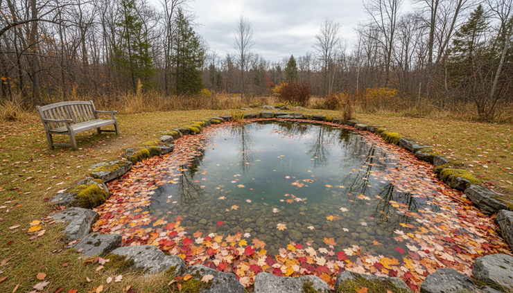 Wide-angle view of a backyard pond in late autumn with fallen leaves around the edge.