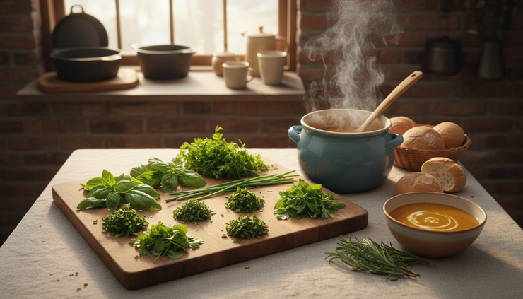 Overhead view of a cutting board with fresh herbs beside a pot of soup
