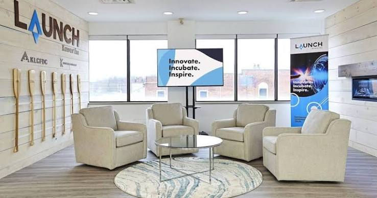 Clear view of the entrance to launch Kawartha featuring a screen showing innovate, incubate, inspire.