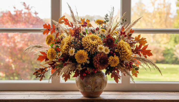 Wide-angle view of a finished fall bouquet with leaves and berries near a window.