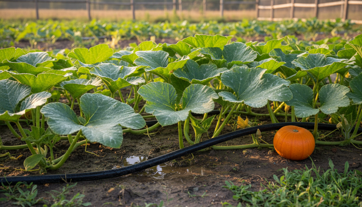 Eye-level view of a soaker hose watering pumpkin vines at the soil line.