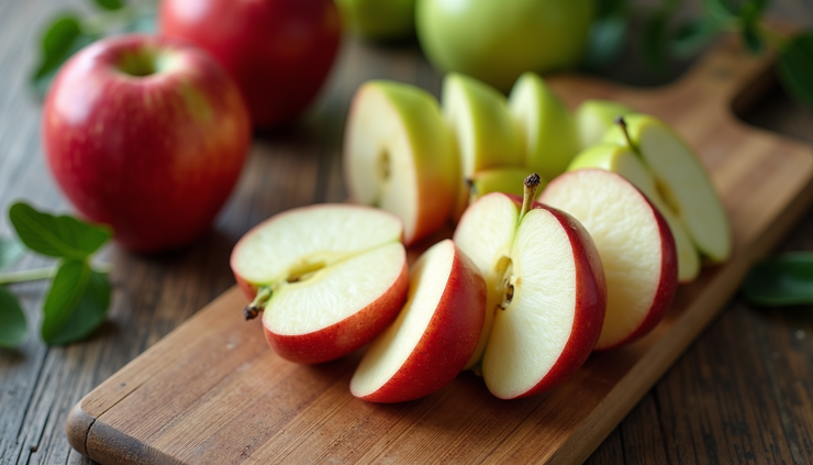 High angle view of sliced apples arranged on a wooden cutting board