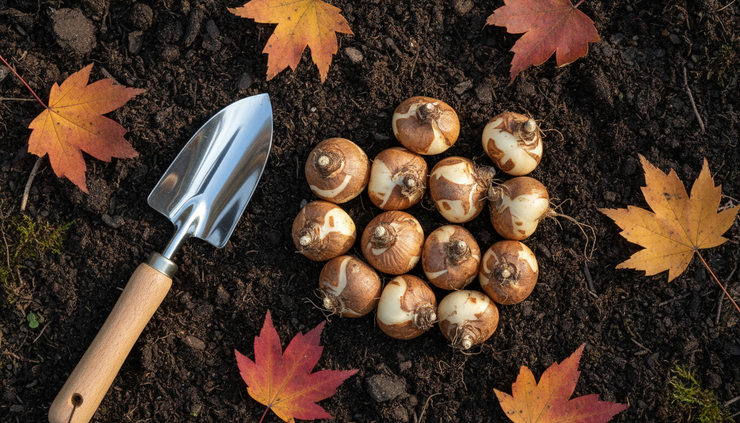 Overhead view of crocus corms arranged beside a hand trowel on garden soil.