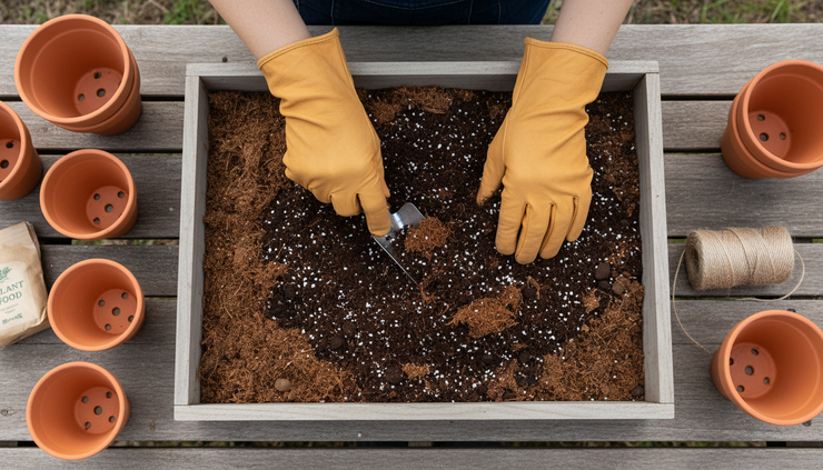 Overhead view of hands blending compost, peat, and perlite in a shallow garden tray.