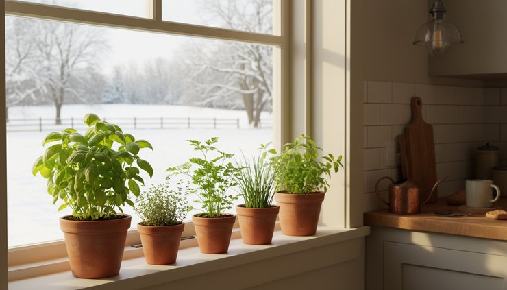 Wide-angle view of indoor herb pots on a bright kitchen windowsill in winter
